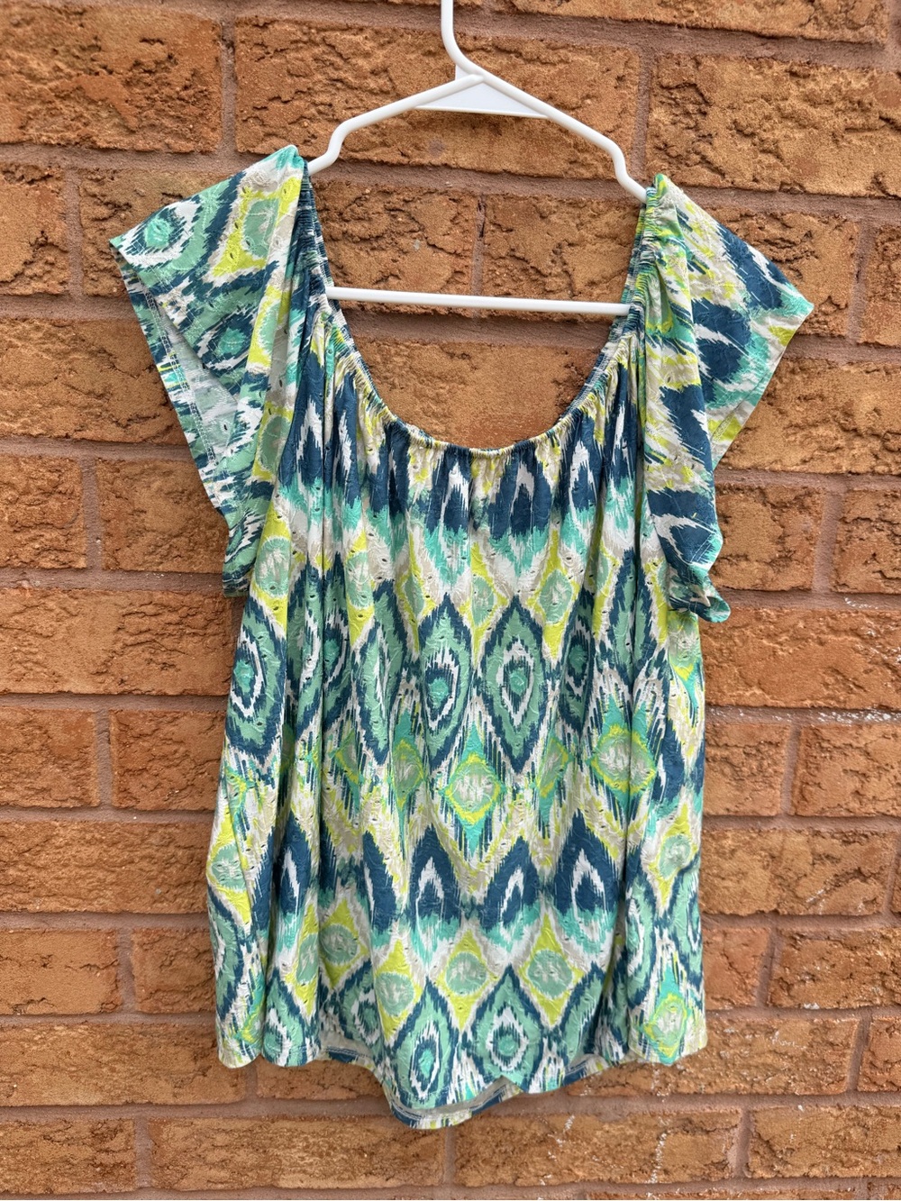 💫4/$25 • Women's Ikat Scoop Neck Off The Shoulder Top in Teal and Lime
